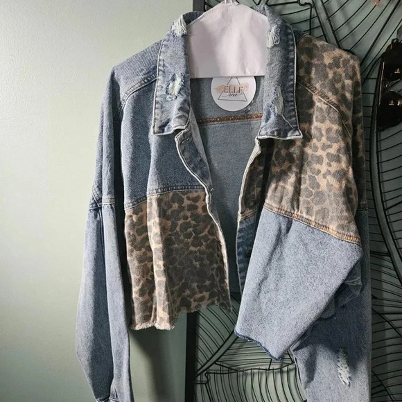 Unique Plus Size Oversized Animal Print Distressed Blue Denim Crop Jacket - NWT - Picture 2 of 14